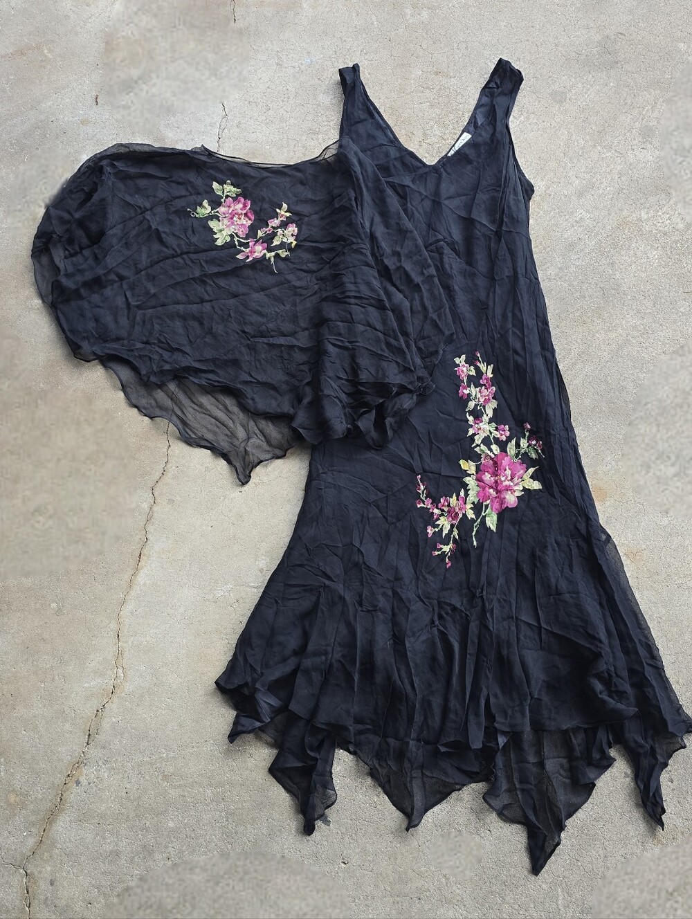 Y2K Silk Floral Whimsy Beaded Dress Shawl Set AsymmeMtrical Dark Fairy 16 Floral